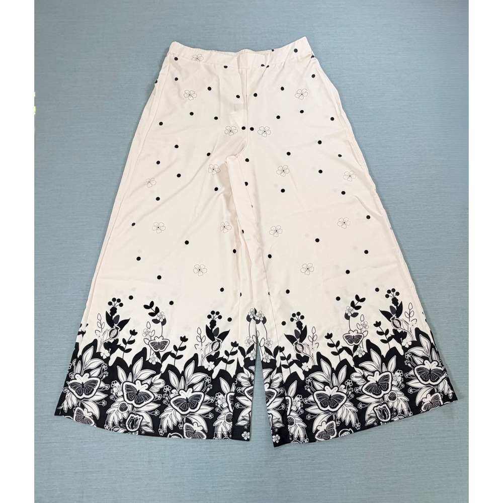 Emery Rose Wide Leg Pants Womens XL White Floral Polka Dot New Boho Flowy